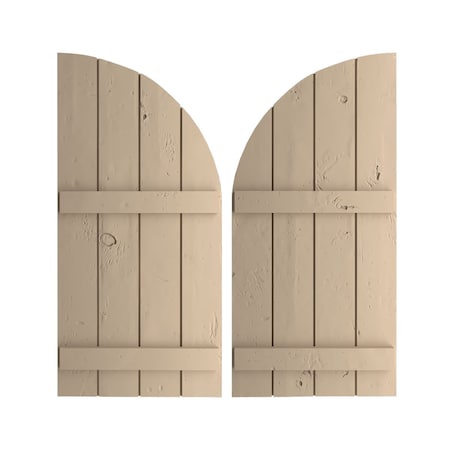 Knotty Pine 4 Board Joined Board-n-Batten W/Quarter Round Arch Top Faux Wood Shutters, 22W X 64H